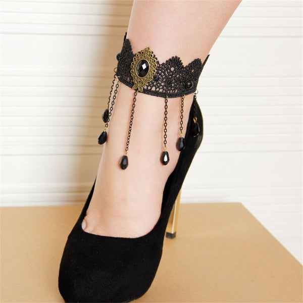 Handmade Gothic Jewelry Vintage Black Lace Tassel  Anklets for Women