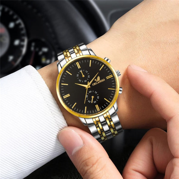 Men's Silver Gold Plated Stainless Steel Wristwatch