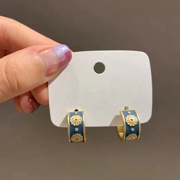 Korean Cute Vintage Flower Enamel Square Round Glaze Stud Earrings