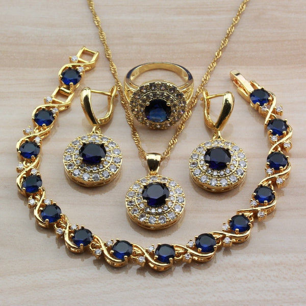 Amazing Round Blue Cubic Zirconia Yellow Gold Color Jewelry Sets