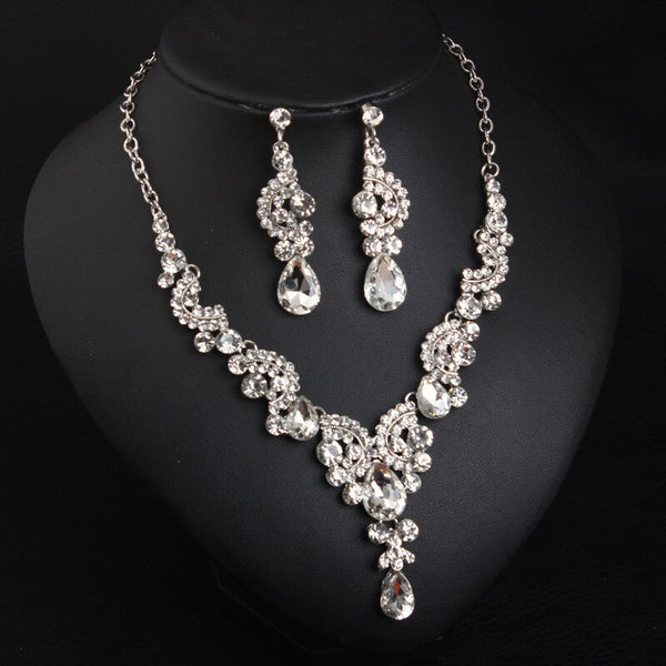 Vintage Water Drop Crystal Pendant Necklace Earrings Gold Color Choker Jewelry Set