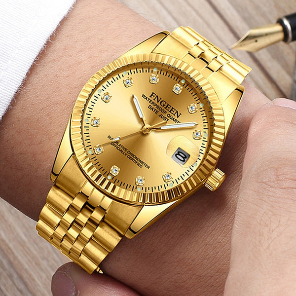 Men Fashion Business Rhinestone Male Clock Men's Quartz Gold Watches