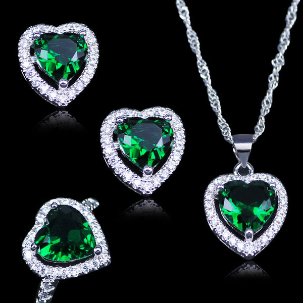 Heart Green Created Emerald White Zircon Silver Color Jewelry Sets