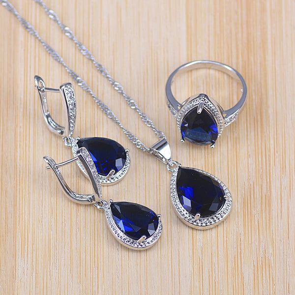 big water drop blue stone  silver color jewelry set