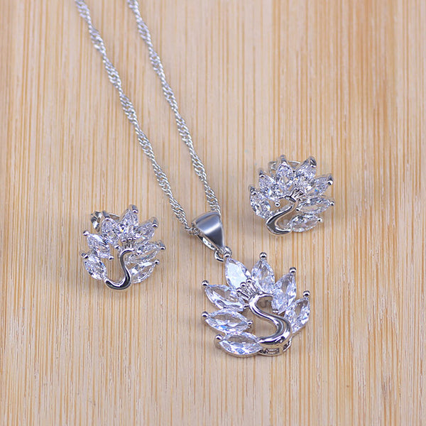 Exquisite  Silver Color CZ Zircon Crystal Swan Necklace Earring Jewelry Set