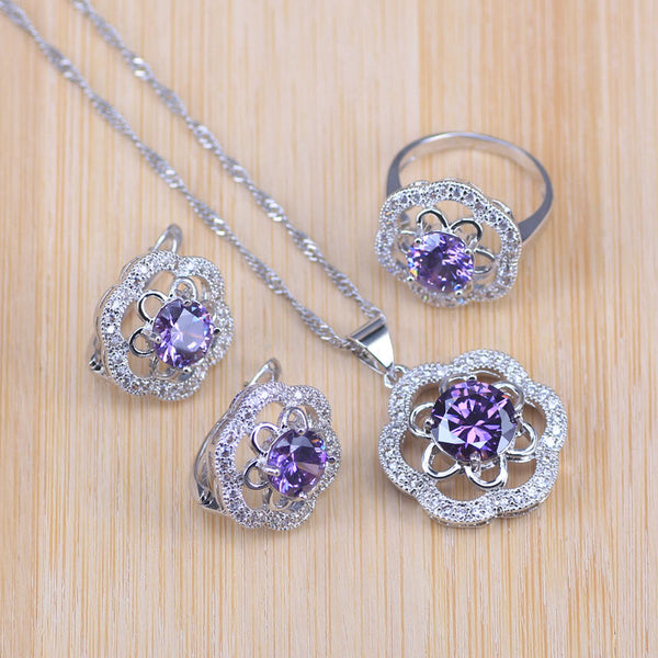 Purple Rose Cubic Zircon Silver Color  Costume Jewelry Necklace Set