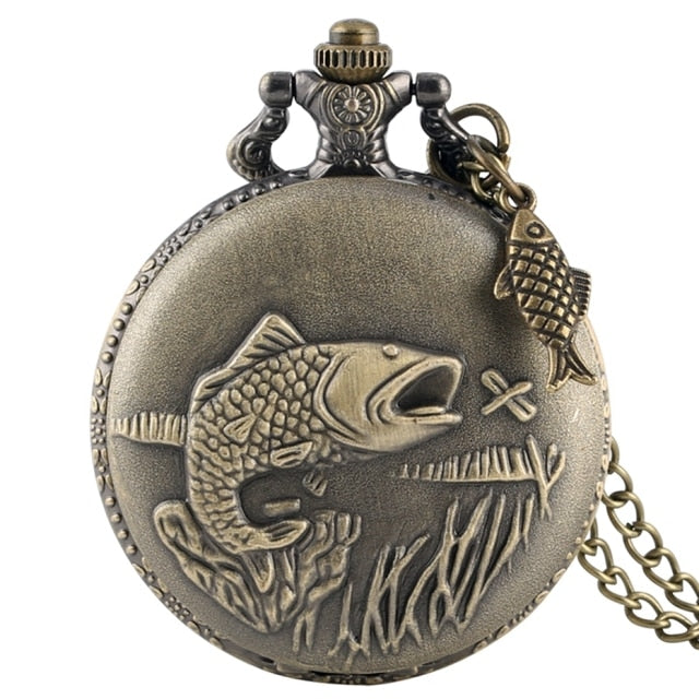 Vivid Fishing Carving Design Quartz Pocket Watch