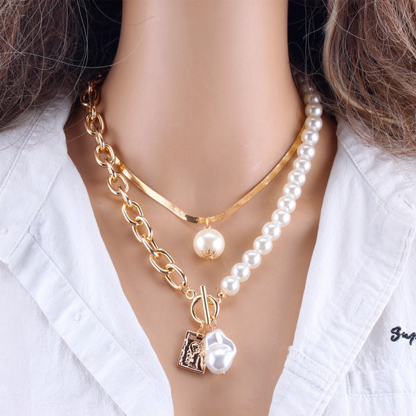 Fashion 2 Layers Pearls Geometric Pendants Necklaces