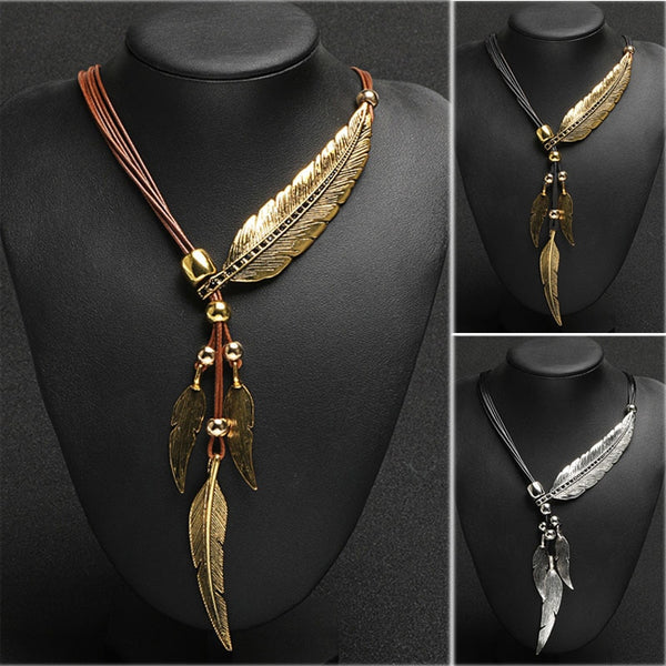 New Bohemian Style Rope Chain Leaf Feather Pattern Pendant