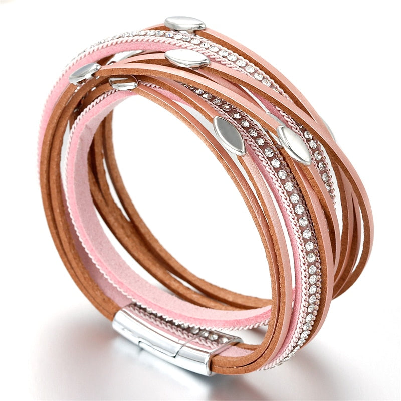 Leaf Charm Pink Leather Bracelets for Women