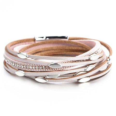 Leaf Charm Pink Leather Bracelets for Women