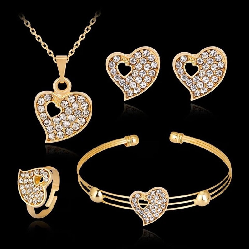 Crystal Heart Necklace Bangle Ring Earrings Set