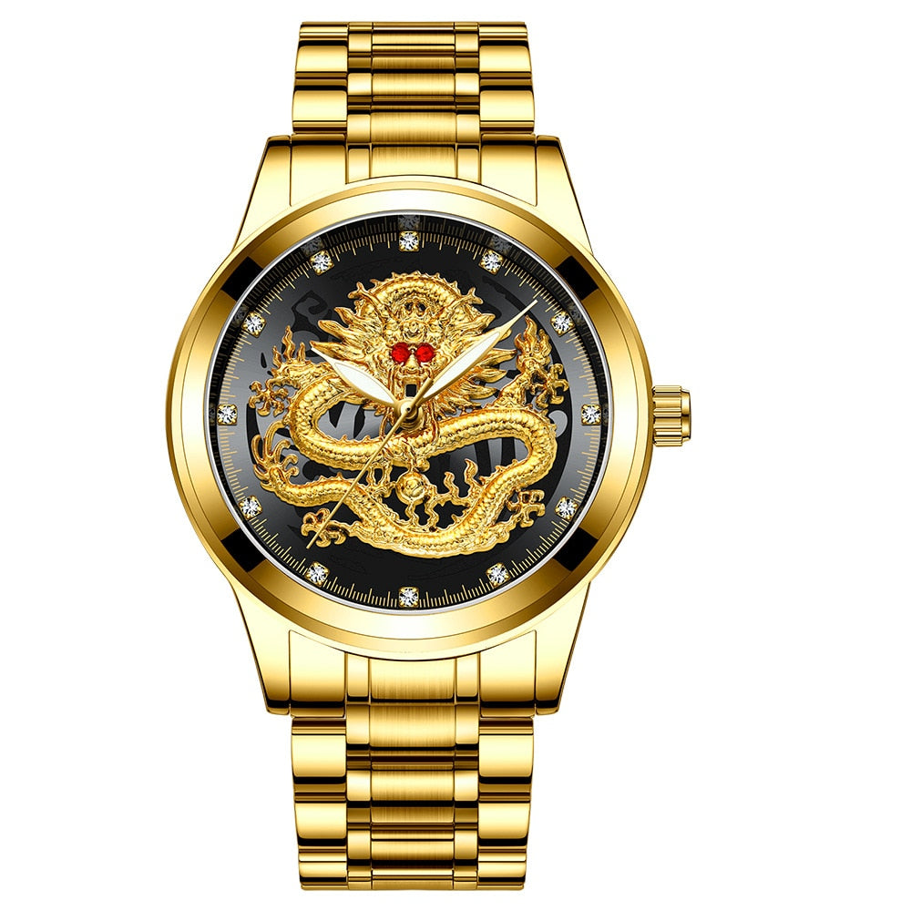 Golden Mens Luxury Chinese Dragon Watch