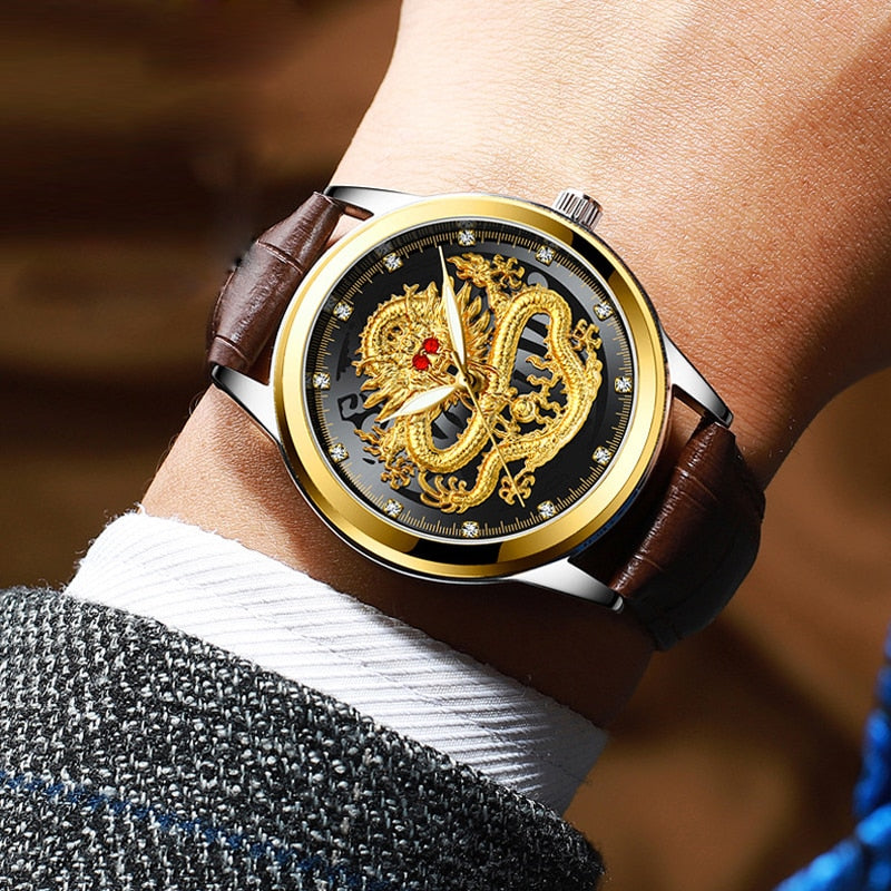 Golden Mens Luxury Chinese Dragon Watch