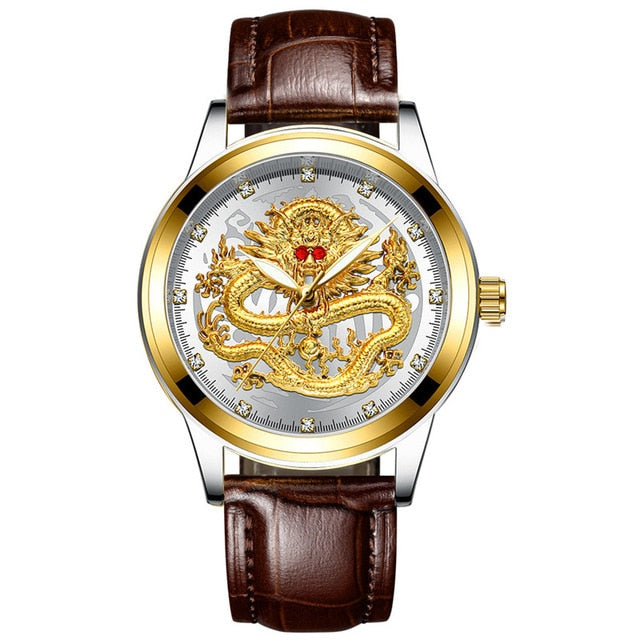 Golden Mens Luxury Chinese Dragon Watch