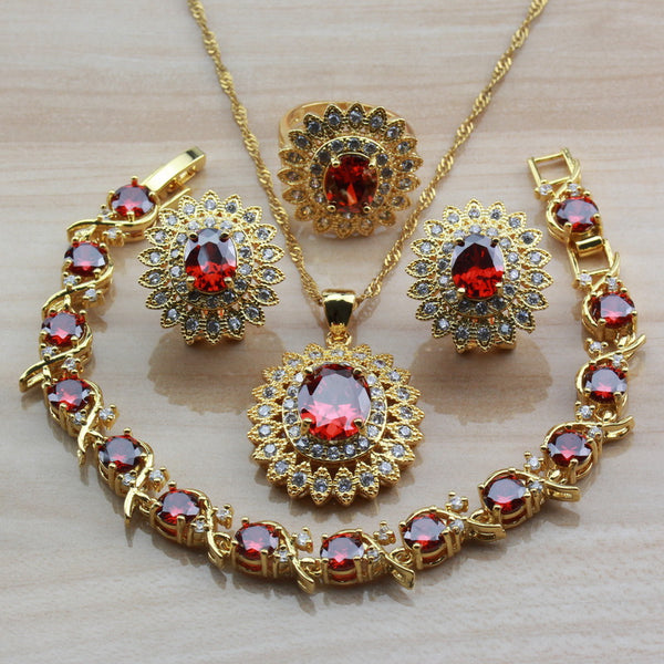 Red Garnet Zircon Clip Earring And Necklace Bridal Sets