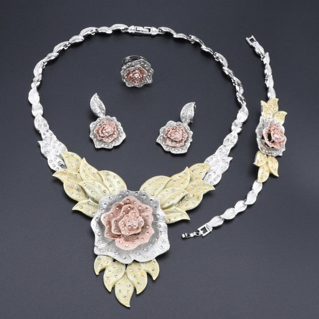 Party Bridal Fine Crystal Rose Flower Necklace Jewelry Sets