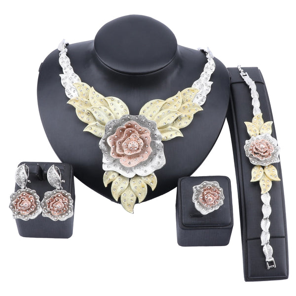 Party Bridal Fine Crystal Rose Flower Necklace Jewelry Sets