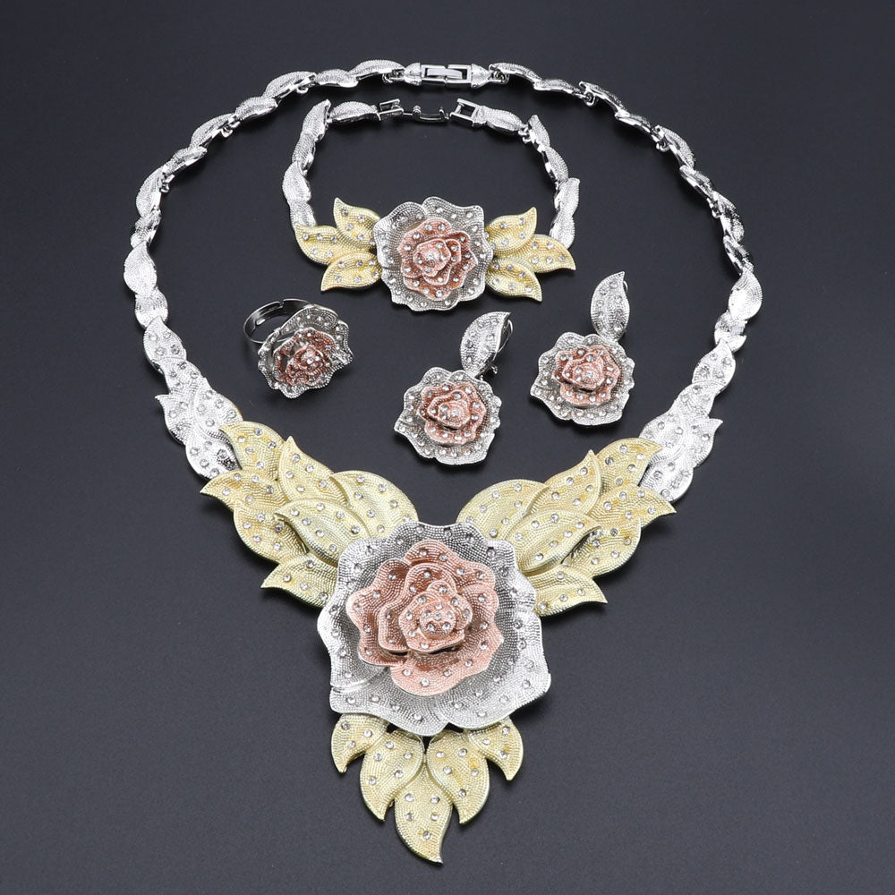 Party Bridal Fine Crystal Rose Flower Necklace Jewelry Sets