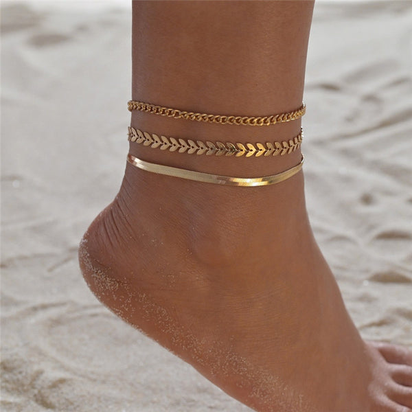 3pcs/set Gold Color Simple Chain Anklets For Women