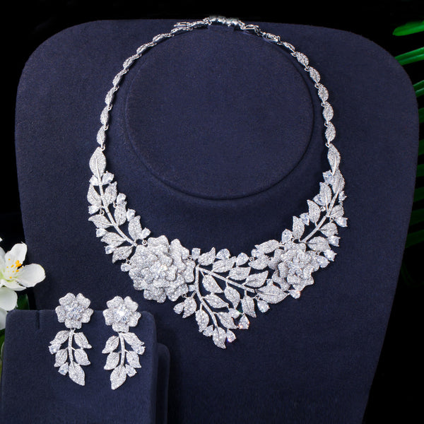 Zircons Statement Big Flower Leaf Drop Cubic Zircon  Jewelry Set