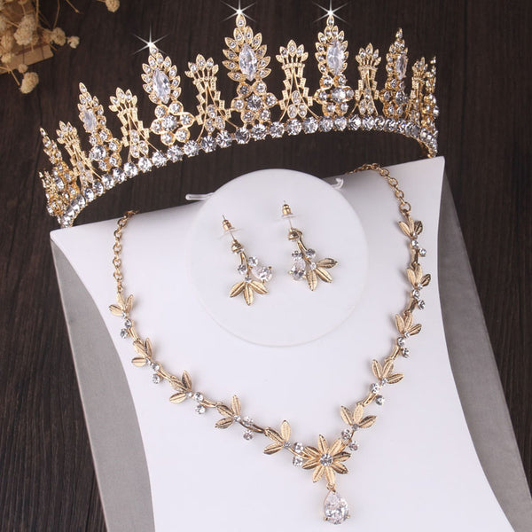 Baroque Vintage Gold Crystal Leaf Bridal Jewelry Sets