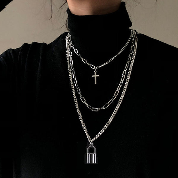 Personality Hip Hop Metal Cross Pendant Silver Color Chain Necklace