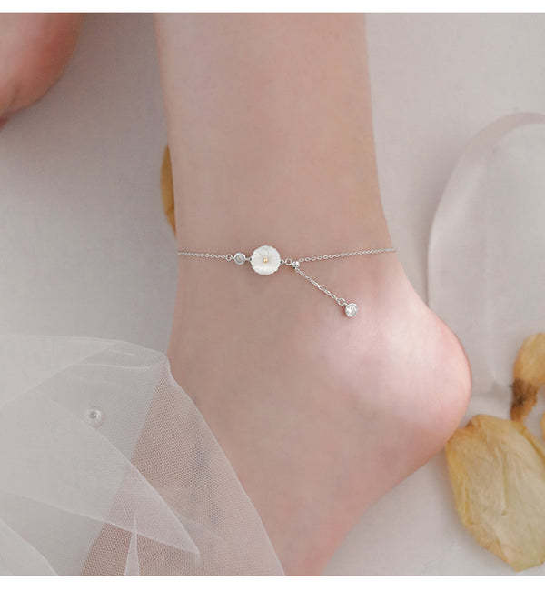 Silver Color Sweet White Shell Sun Flower Anklet Bracelet For Women