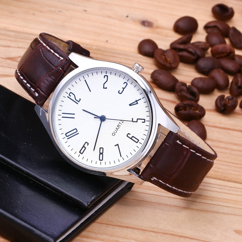 Mens Watches Simple Letters Casual Leather Waterproof Quartz Wristwatches