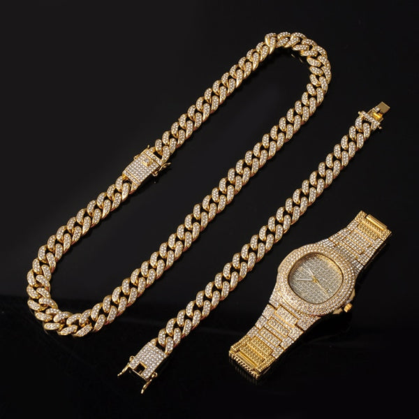 Gold Necklace +Watch+Bracelet Hip Hop Miami