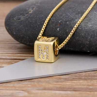 Micro Pave Copper CZ Cube Letter Pendant Necklaces