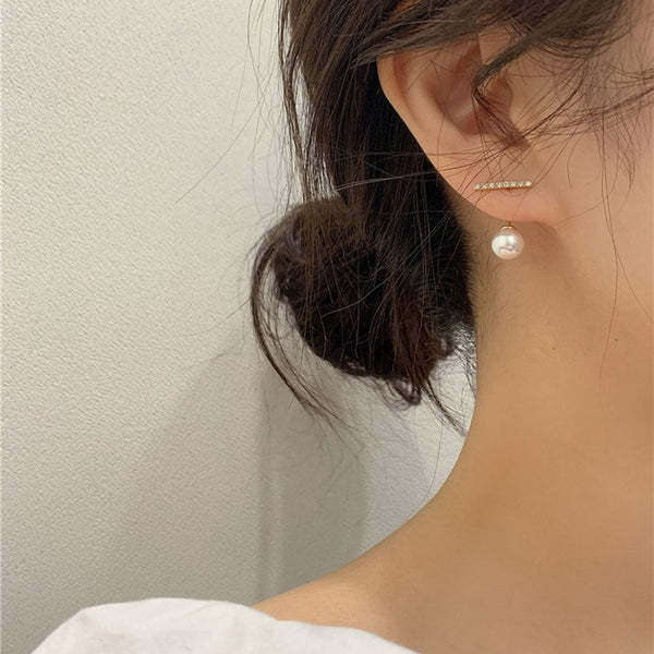 Korean Crystal Line Metal Pearl Stud Earrings