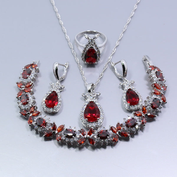 Silver Color  Jewelry Set Red Garnet White Zircon Ring