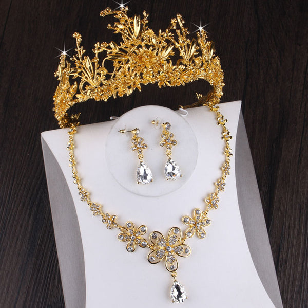 Baroque Vintage Gold Crystal Leaf Bridal Jewelry Set