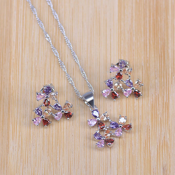 Silver Color Flower Shape Pendant Necklace Earrings Women Wedding Jewelry Set