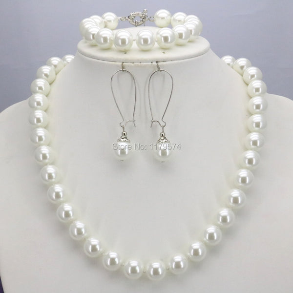 10mm White Round Shell Pearl Beads Necklace Bracelet Earrings Sets