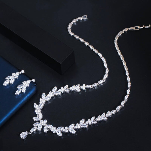 Zirconia Leaf Drop Women Party Wedding Necklace Bridal Jewelry Set