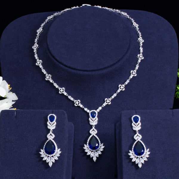 Gorgeous Teardrop Green CZ Crystal Wedding Earring Necklace Dress Jewelry Sets