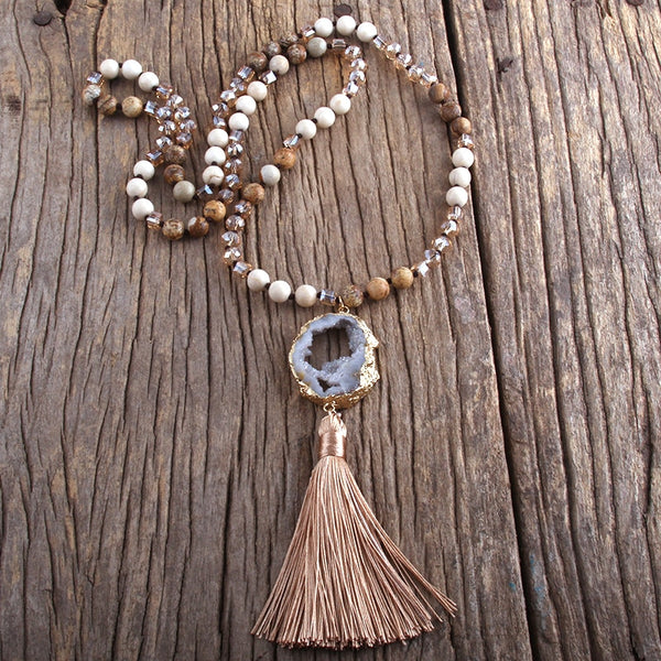 Bohemian Semi Precious Stones Knotted  Tassel Necklaces