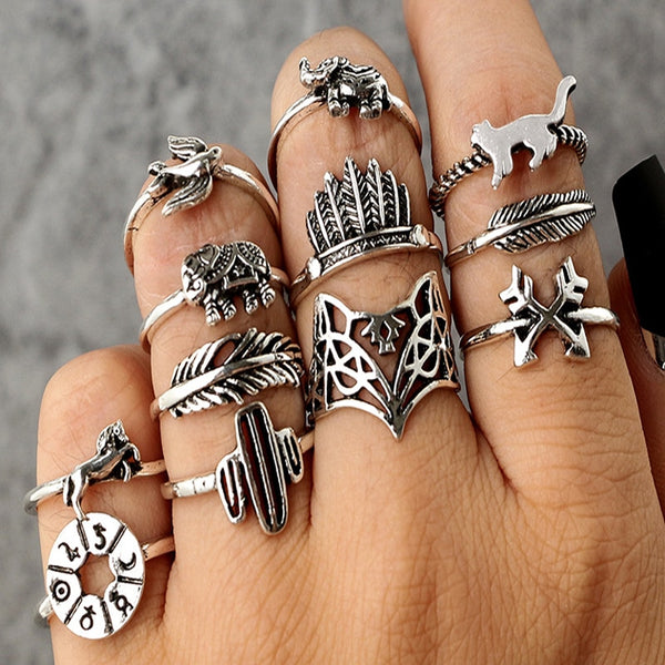 12pcs/Set Bohemia Antique Silver Color Rings