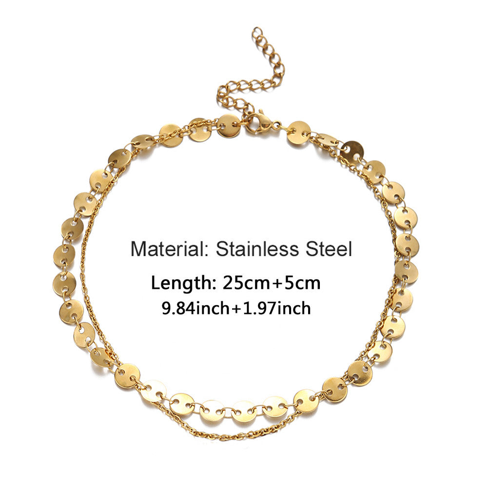 Double Layers Stainless Steel Sequin Chain Anklet