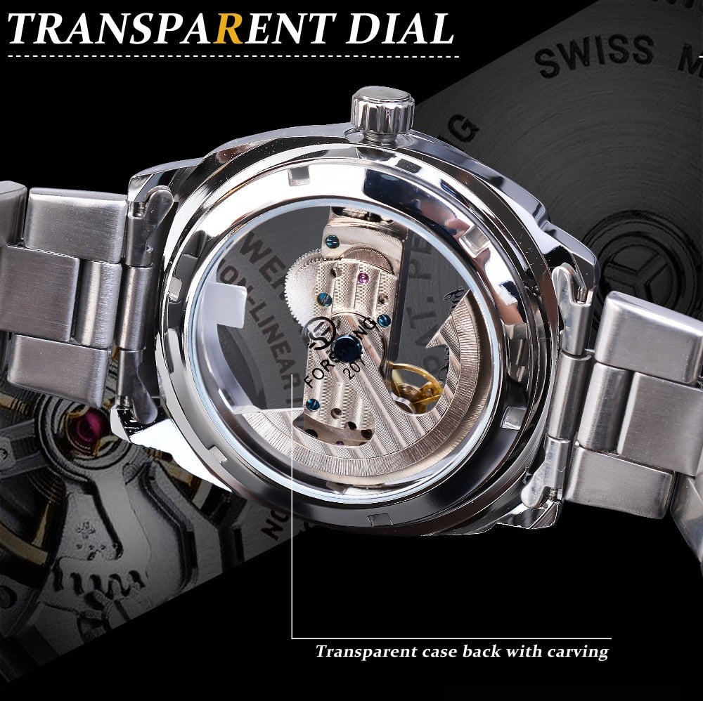 Mechanical Watch Automatic Silver Square Golden Gear Skeleton Watch