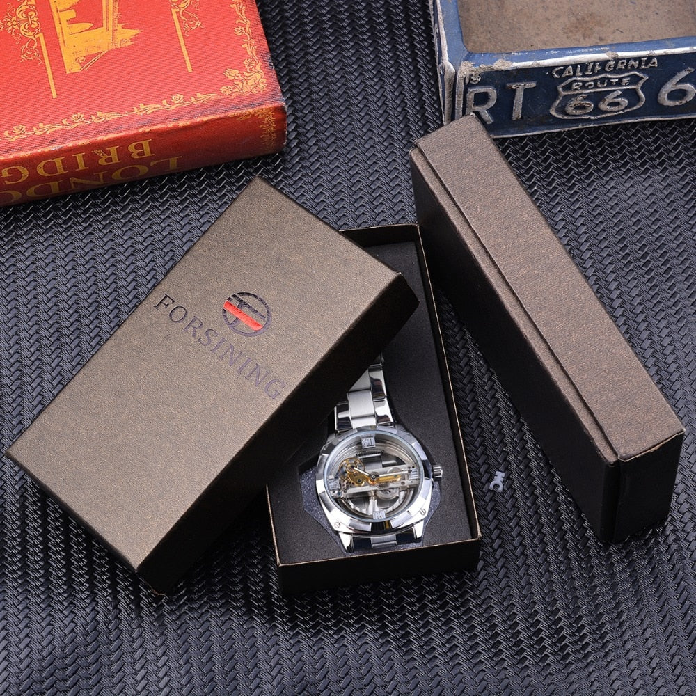 Mechanical Watch Automatic Silver Square Golden Gear Skeleton Watch