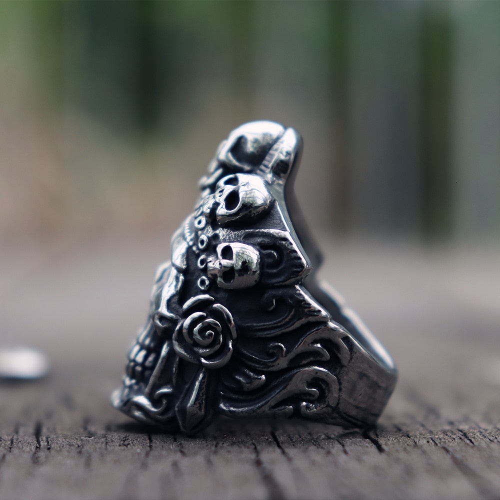 Cool Santa Muerte Death Skull Ring Unique Mens Stainless Steel Rings