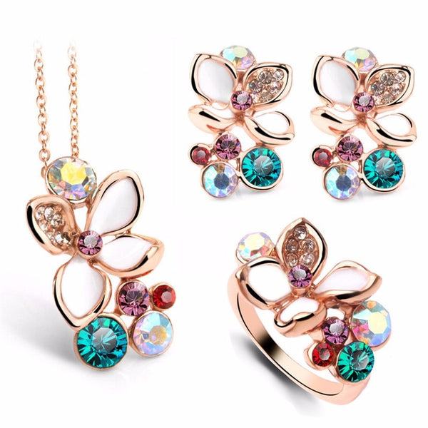 Fashion Multi Color Flower Crystal Rhinestone Gold Color Jewelry Se