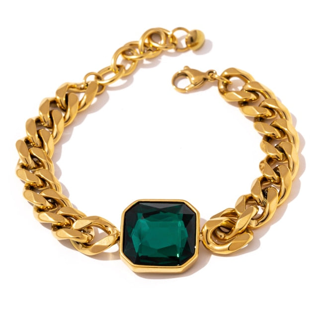 Green Crystal Stainless Steel Gold Bracelets Bangle for Women