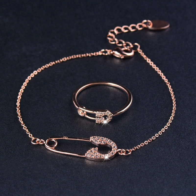 Trendy Pin Shape Chain Bracelet And Rings Set