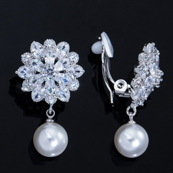 Zircons No Piercing White CZ Crystal Dangle Drop Pearl Flower Clip on Earrings