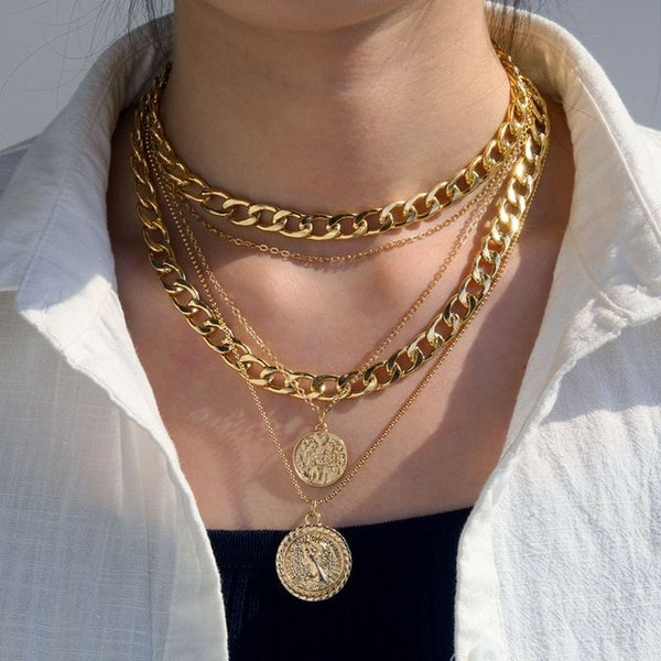 Punk Vintage Layered Portrait Coin Pendan Necklace Set