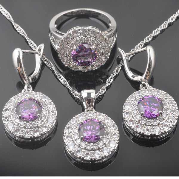 Natural Purple Crystals Pendants Necklace Earring Ring Bracelet  Jewelry Sets